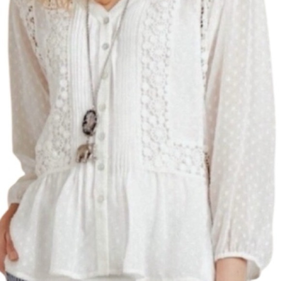 Meadow Rue Victorian Pleated Lace Swiss Dot Peplum Blouse Medium - Picture 3 of 14